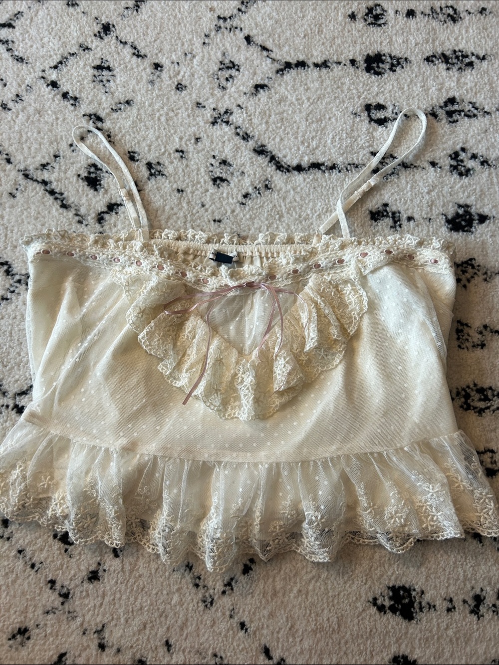 American Eagle Outfitters Cream Lace Ruffle Polka Dot Cami Tank